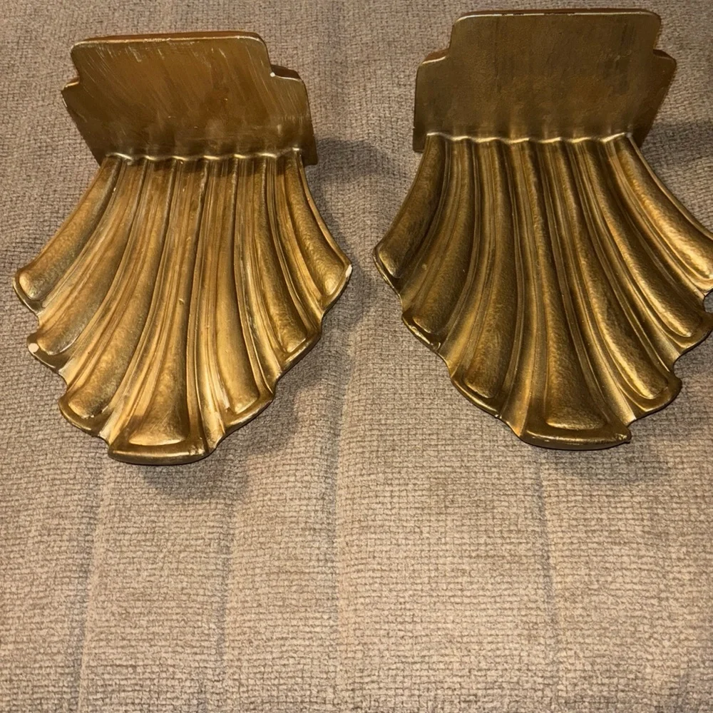 Vtg Scallop Shape Gold Hollywood Regency Sconce Shelf’s Set of 2